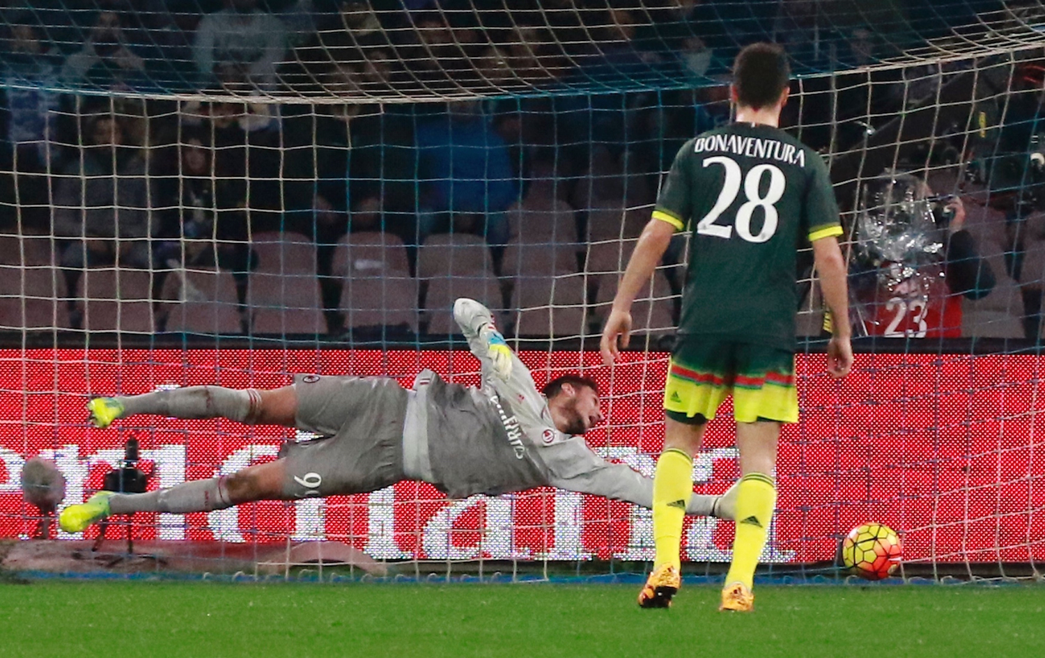 Donnarumma can't reach the deflected shot as Napoli took the lead. | CARLO HERMANN/AFP/Getty Images