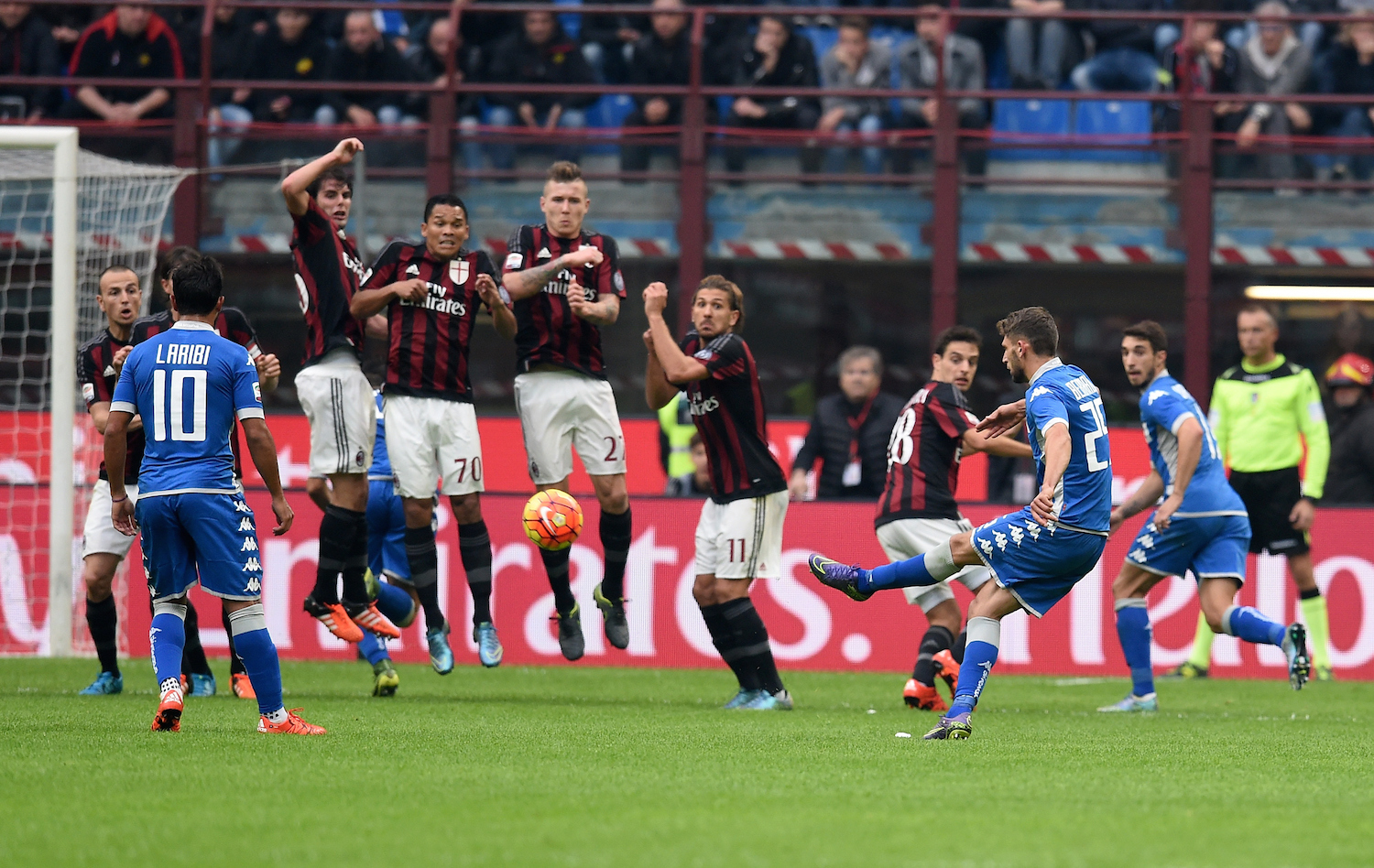 Berardi slots home the free kick against Milan earlier in the season. | Claudio Villa/Getty Images