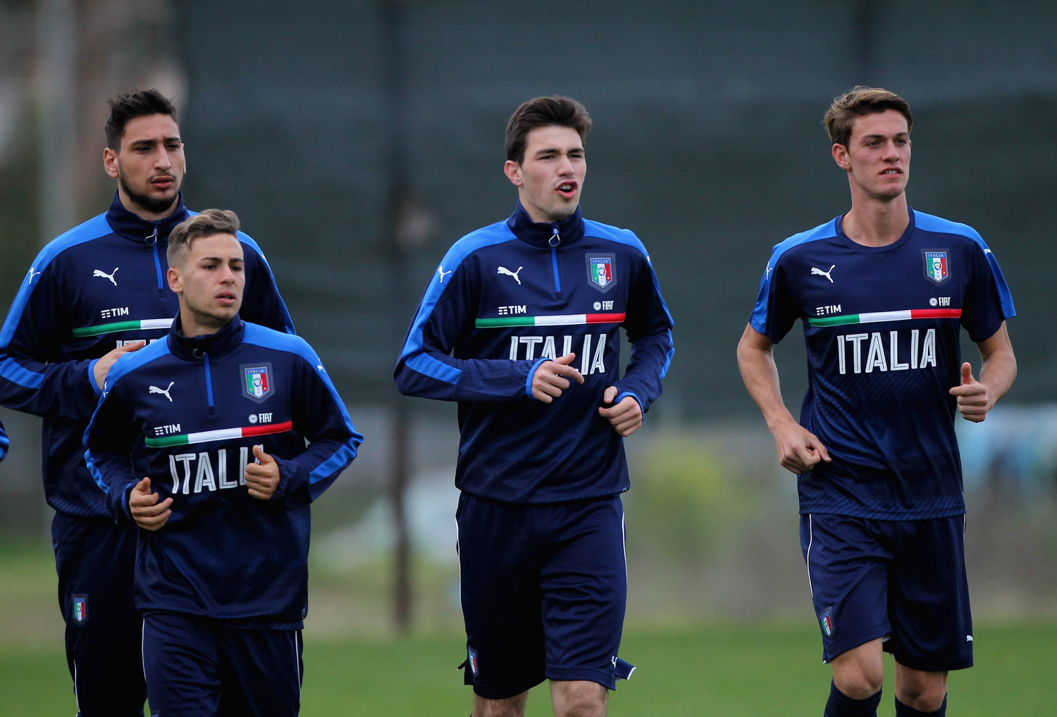 (L-R) Gianluigi Donnarumma, Federico Ricci, Alessio Romagnoli and Daniele Rugani of Italy in action during the Italy U21 training session. (Photo by Paolo Bruno/Getty Images)