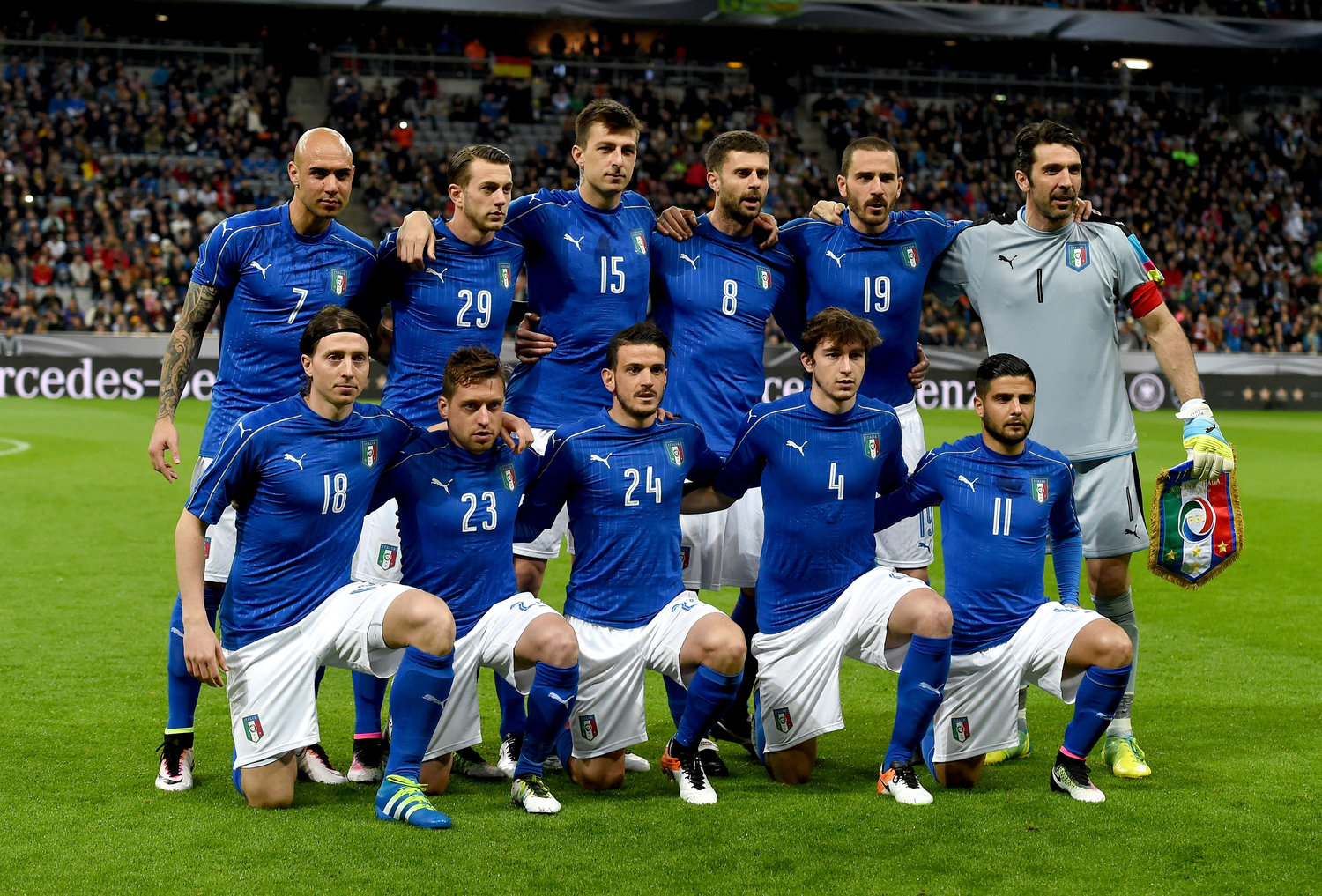 Italy pose for a photograph prior to the international friendly match between Germany and Italy at Allianz Arena. (Photo by Claudio Villa/Getty Images)