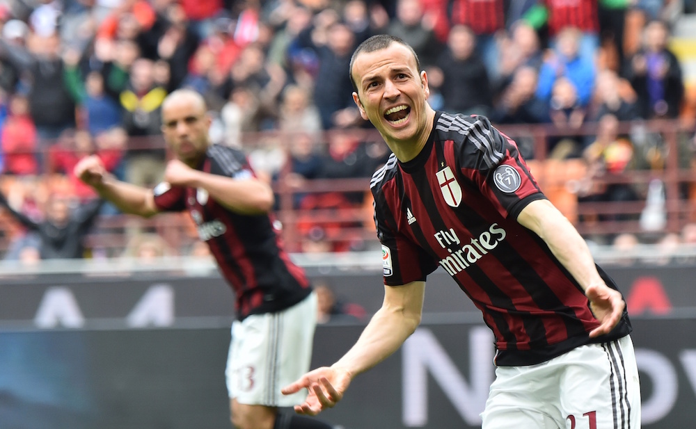 AC Milan's defender from Italy Luca Antonelli celebrates after scoring during the Italian Serie A football match AC Milan vs Frosinone at "San Siro" Stadium in Milan on May 1, 2016. / AFP / GIUSEPPE CACACE (Photo credit should read GIUSEPPE CACACE/AFP/Getty Images)