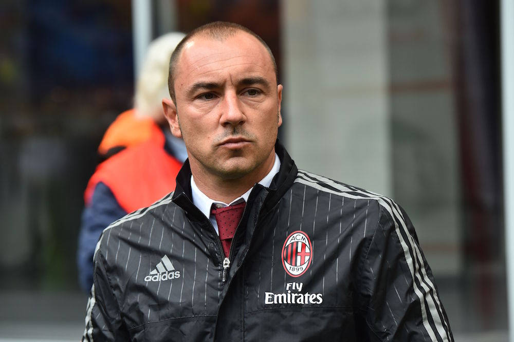 AC Milan's coach from Italy Cristian Brocchi looks on before the Italian Serie A football match AC Milan vs Frosinone at "San Siro" Stadium in Milan on May 1, 2016. / AFP / GIUSEPPE CACACE (Photo credit should read GIUSEPPE CACACE/AFP/Getty Images)