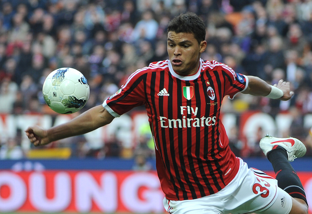 AC Milan's Brazilian defender Thiago Silva fights for the ball during the seria A football match Milan against Lecce on March 11, 2012, in San Siro stadium in Milan. AFP PHOTO / OLIVIER MORIN (Photo credit should read OLIVIER MORIN/AFP/Getty Images)