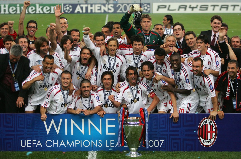 ATHENS, GREECE - MAY 23: Milan captain, Paolo Maldini (C) and his team celebrate with the trophy following their 2-1 victory during the UEFA Champions League Final match between Liverpool and AC Milan at the Olympic Stadium on May 23, 2007 in Athens, Greece. (Photo by Jamie McDonald/Getty Images)