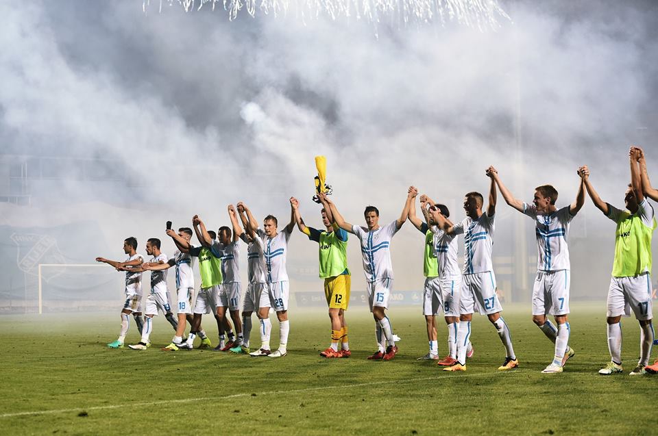 Players of HNK Rijeka acknowledge the fans after the UEFA Europa