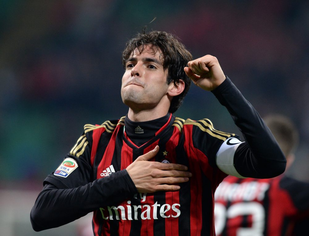 MILAN, ITALY - MARCH 29: Kaka of AC Milan celebrates scoring the third goal during the Serie A match between AC Milan and AC Chievo Verona at San Siro Stadium on March 29, 2014 in Milan, Italy. (Photo by Claudio Villa/Getty Images)