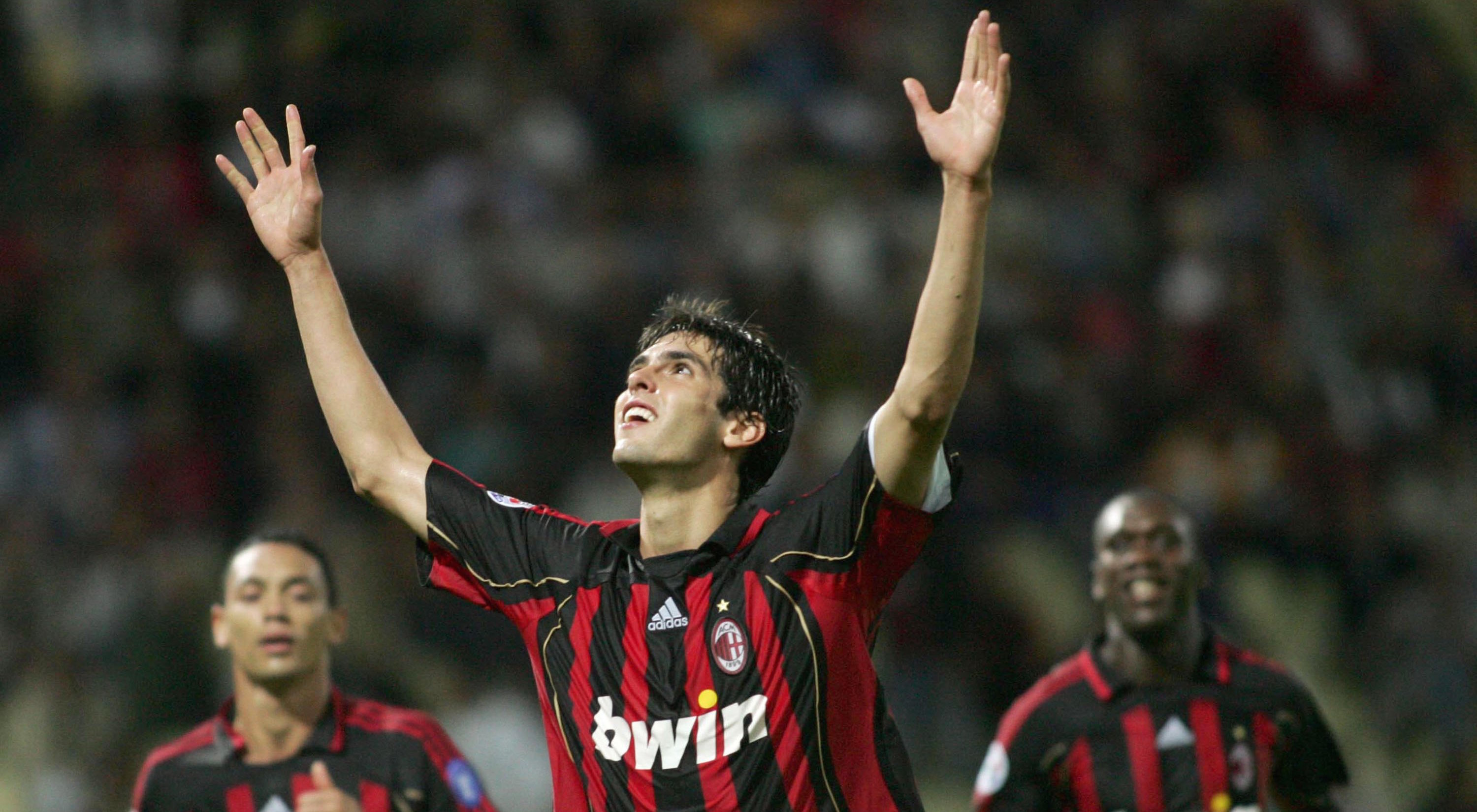 Ricardo Kaka of AC Milan celebrates his goal with his team-mate