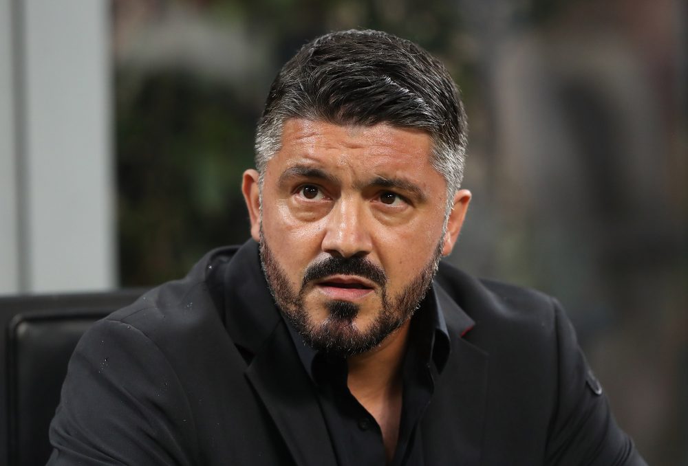 MILAN, ITALY - AUGUST 31: AC Milan coach Gennaro Gattuso looks on before the serie A match between AC Milan and AS Roma at Stadio Giuseppe Meazza on August 31, 2018 in Milan, Italy. (Photo by Marco Luzzani/Getty Images)
