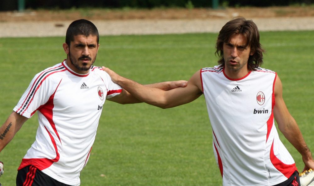 CARNAGO, ITALY - MAY 16: Gennaro Gattuso (L) , Andrea Pirlo and Cristian Brocchi stretch during a training session ahead of next week's UEFA Champions League Final against Liverpool during the AC Milan Media Day at Milanello on May 15, 2007 in Carnago, Italy. (Photo Giuseppe Cacace / Getty Images)