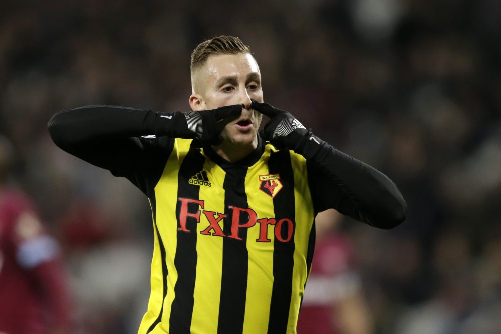 LONDON, ENGLAND - DECEMBER 22: Gerard Deulofeu of Watford celebrates after scoring his team's second goal during the Premier League match between West Ham United and Watford FC at London Stadium on December 22, 2018 in London, United Kingdom. (Photo by Henry Browne/Getty Images)