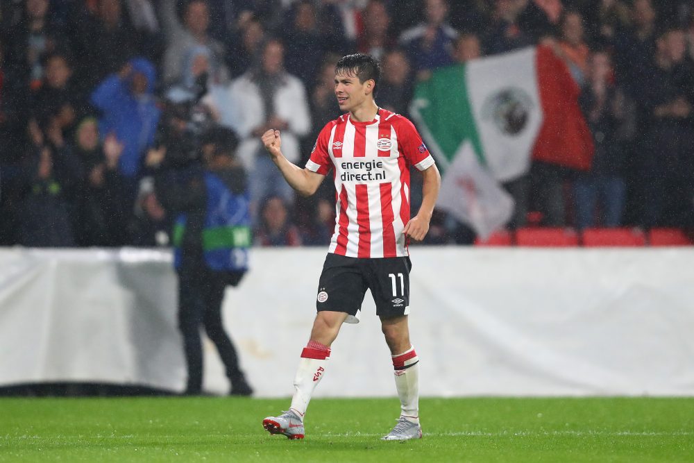 EINDHOVEN, NETHERLANDS - AUGUST 29: Hirving Lozano of PSV celebrates scoring the third goal during the UEFA Champions League Play-off second leg match between PSV Eindhoven and BATE Borisov at the Phillips Stadium on August 29, 2018 in Eindhoven, Netherlands. (Photo by Dean Mouhtaropoulos/Getty Images)
