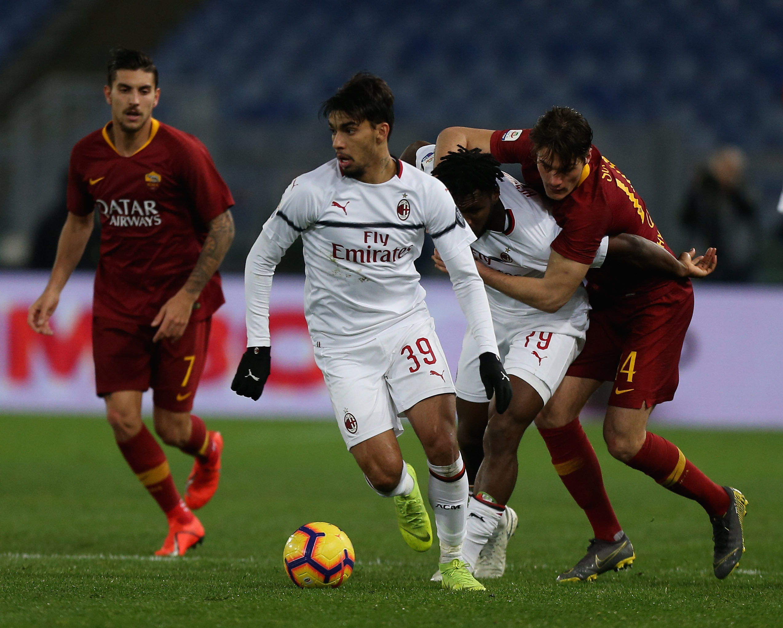 ROME, ITALY - FEBRUARY 03: Patrick Schick of AS Roma competes for the ball with Franck Kessie and Lucas Paqueta of AC Milan during the Serie A match between AS Roma and AC Milan at Stadio Olimpico on February 3, 2019 in Rome, Italy. (Photo by Paolo Bruno/Getty Images)