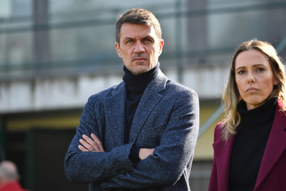 VERCELLI, ITALY - FEBRUARY 17: Paolo Maldini (L) AC Milan looks on during the Women Serie A match between Juventus Women and AC Milan at Stadio Silvio Piola on February 17, 2019 in Vercelli, Italy. (Photo by Valerio Pennicino/Getty Images)