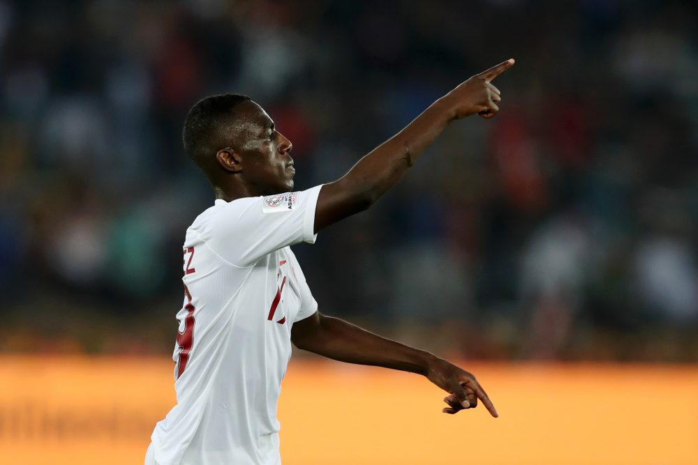 ABU DHABI, UNITED ARAB EMIRATES - FEBRUARY 01: Almoez Ali of Qatar celebrates after scoring his team's first goal during the AFC Asian Cup final match between Japan and Qatar at Zayed Sports City Stadium on February 01, 2019 in Abu Dhabi, United Arab Emirates. (Photo by Francois Nel/Getty Images)