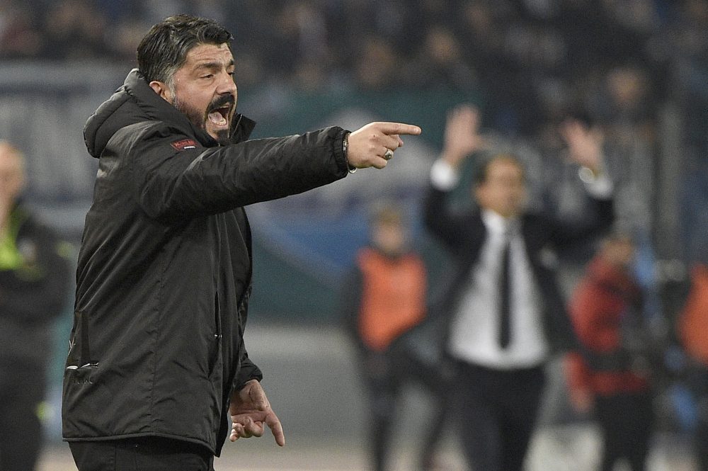 ROME, ITALY - FEBRUARY 26: Ac Milan head coach Gennaro Gattuso reacts during the Coppa Italia semi-final first leg between SS Lazio and AC Milan on February 26, 2019 in Rome, Italy. (Photo by Marco Rosi/Getty Images)