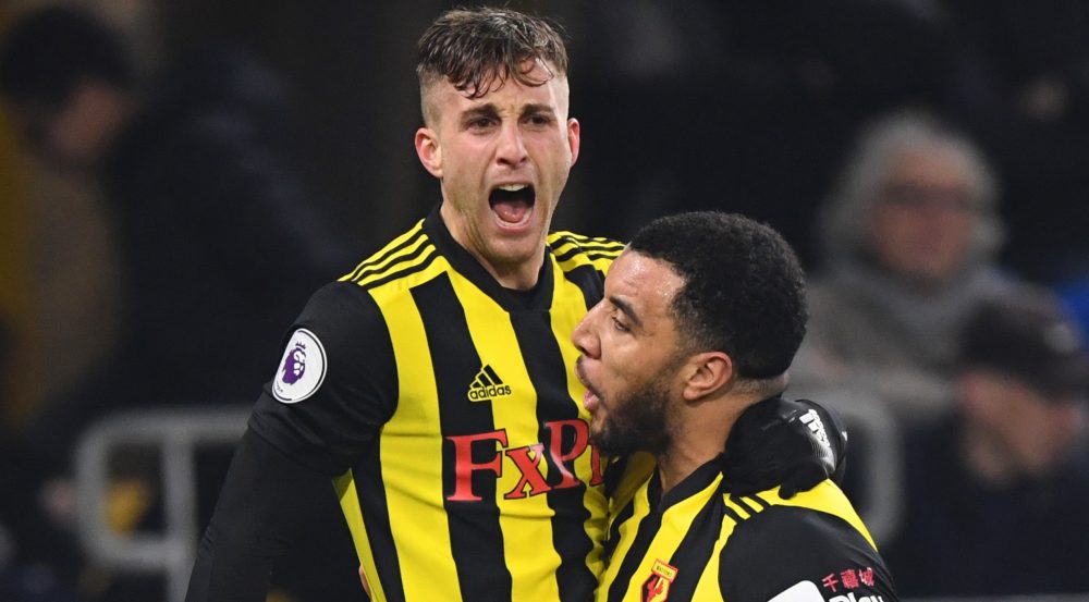 CARDIFF, WALES - FEBRUARY 22: Gerard Deulofeu of Watford celebrates with Troy Deeney as he scores his team's second goal during the Premier League match between Cardiff City and Watford FC at Cardiff City Stadium on February 22, 2019 in Cardiff, United Kingdom. (Photo by Stu Forster/Getty Images)