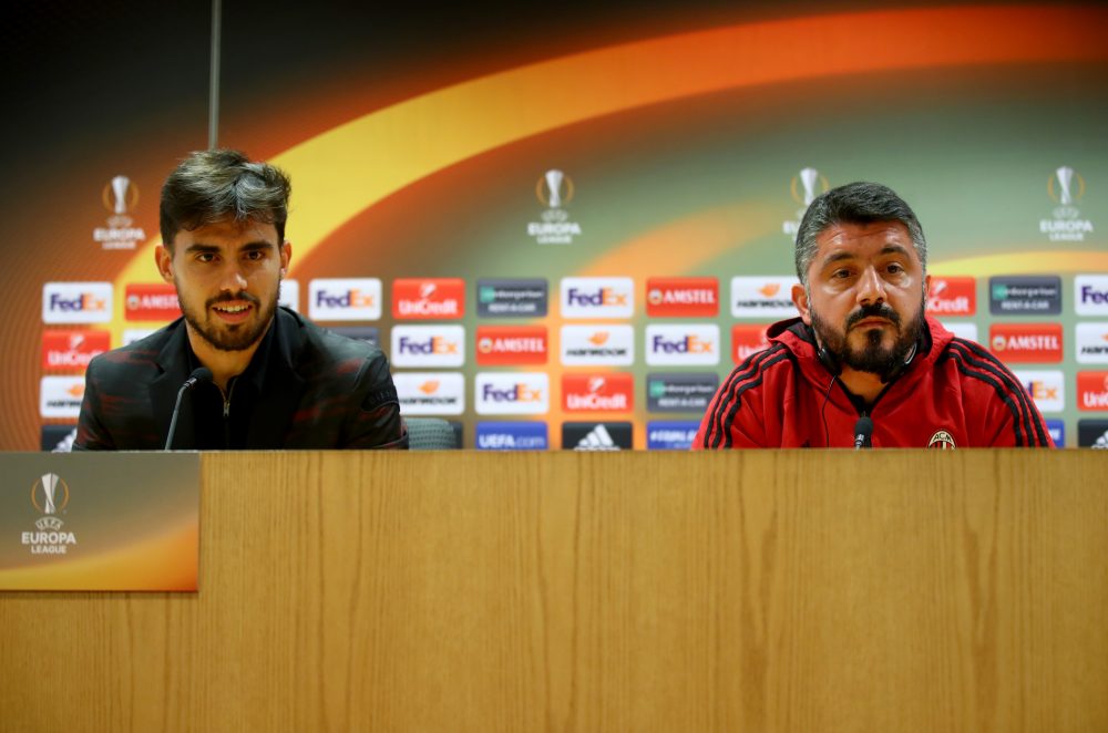 LONDON, ENGLAND - MARCH 14: Suso of AC Milan and Gennaro Gattuso, Head coach of AC Milan speak to the media during the A.C. Milan Press Conference at Emirates Stadium on March 14, 2018 in London, England. (Photo by Julian Finney/Getty Images)