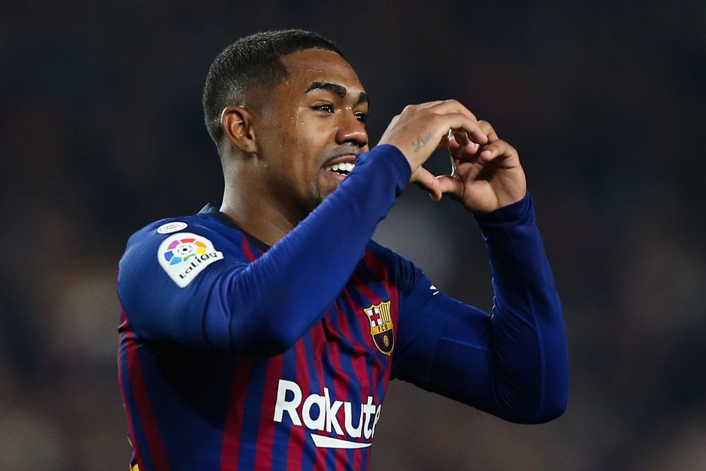 BARCELONA, SPAIN - FEBRUARY 06: Malcom of FC Barcelona celebrates after scoring his team's first goal during the Copa del Semi Final first leg match between Barcelona and Real Madrid at Nou Camp on February 06, 2019 in Barcelona, Spain. (Photo by Angel Martinez/Getty Images)