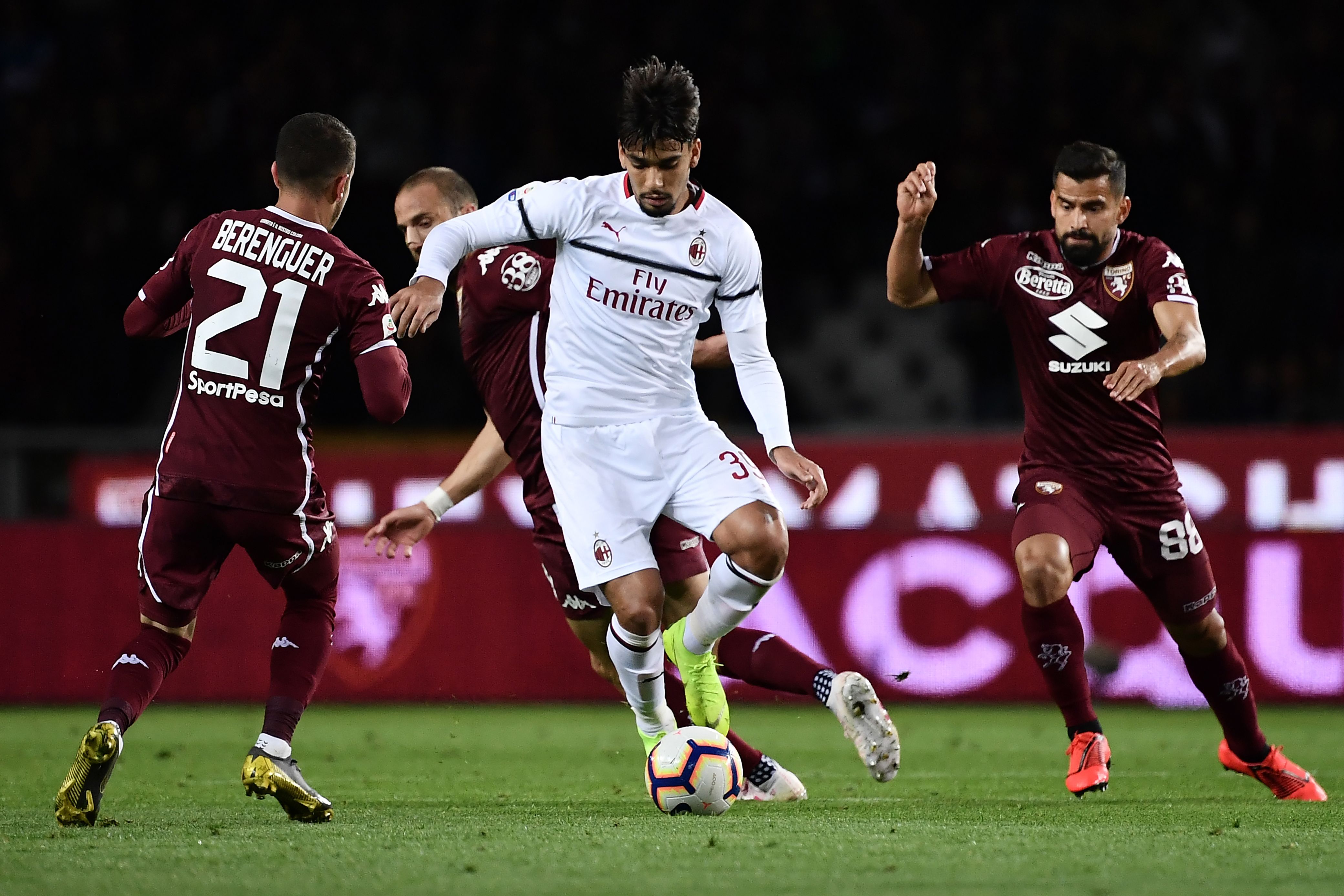AC Milan's Brazilian midfielder Lucas Paqueta (C) fights for the ball with Torino's Spanish forward Alejandro Berenguer (L) during the Italian Serie A football match between Torino and AC Milan on April 28, 2019 at the Grande Torino stadium in Turin. (Photo by MARCO BERTORELLO / AFP) (Photo credit should read MARCO BERTORELLO/AFP/Getty Images)