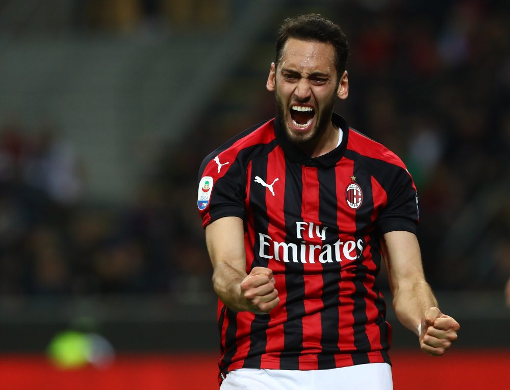 MILAN, ITALY - APRIL 13: Hakan Calhanoglu of AC Milan reacts during the Serie A match between AC Milan and SS Lazio at Stadio Giuseppe Meazza on April 13, 2019 in Milan, Italy. (Photo by Marco Luzzani/Getty Images)