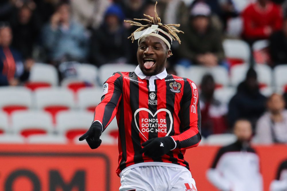 Nice's French forward Allan Saint-Maximin reacts during the French L1 football match between Nice and Montpellier on April 7, 2019 at the "Allianz Riviera" stadium in Nice, southeastern France. (Photo by VALERY HACHE / AFP) (Photo credit should read VALERY HACHE/AFP/Getty Images)