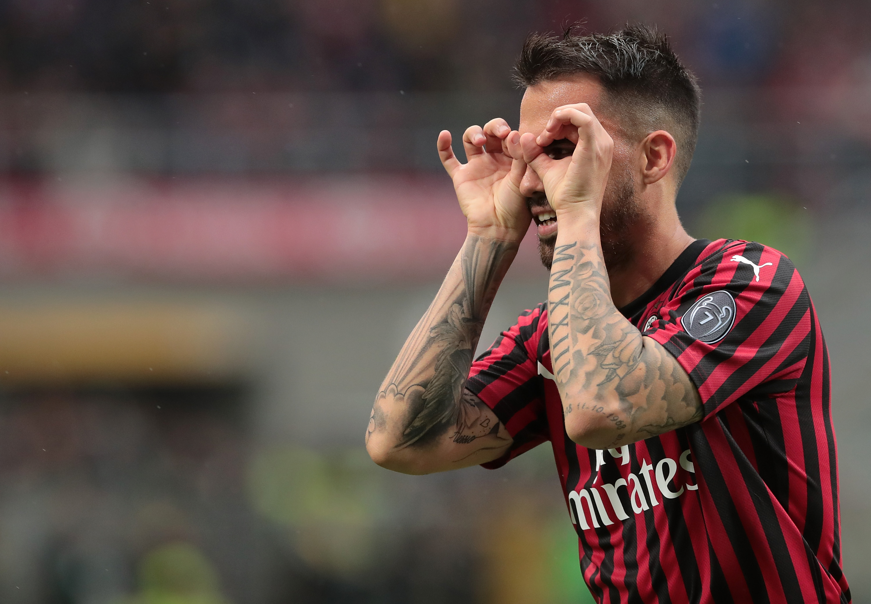 MILAN, ITALY - MAY 19:  Fernandez Suso of AC Milan celebrates his goal during the Serie A match between AC Milan and Frosinone Calcio at Stadio Giuseppe Meazza on May 19, 2019 in Milan, Italy.  (Photo by Emilio Andreoli/Getty Images)