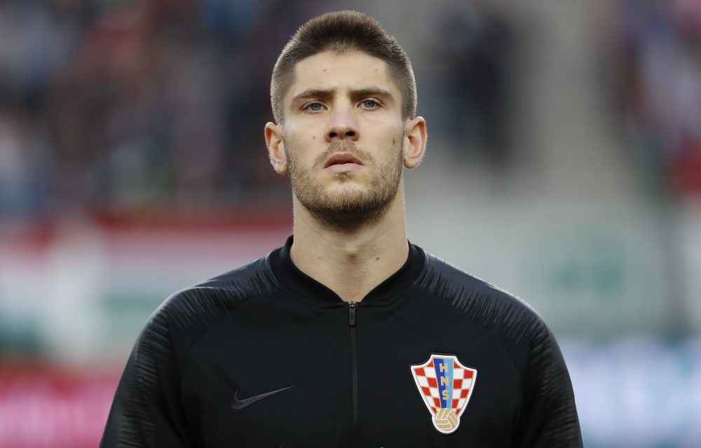 BUDAPEST, HUNGARY - MARCH 24: Andrej Kramaric of Croatia listens to the anthem prior to the 2020 UEFA European Championships group E qualifying match between Hungary and Croatia at Groupama Arena on March 24, 2019 in Budapest, Hungary. (Photo by Laszlo Szirtesi/Getty Images)