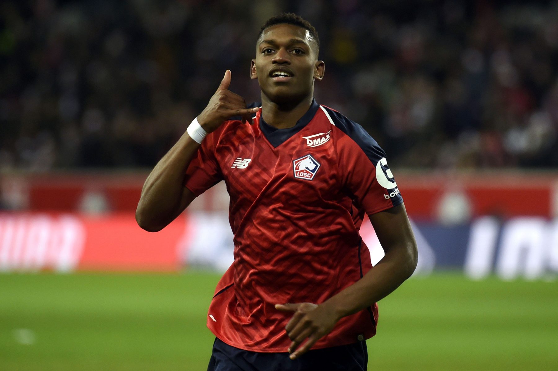 Lille's Rafael Leao celebrates after scoring a goal during the French L1 football match between Lille (L1) and Toulouse on December 22 2018 at the Pierre Mauroy Stadium in Villenueve-d'Ascq. (Photo by FRANCOIS LO PRESTI / AFP) (Photo credit should read FRANCOIS LO PRESTI/AFP/Getty Images)