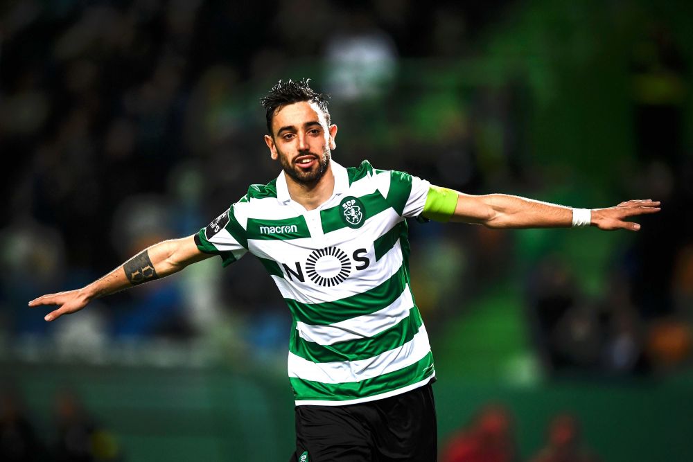 Sporting's Portuguese midfielder Bruno Fernandes celebrates after scoring a goal during the Portuguese league football match between Sporting CP and Portimonense SC at the Jose Alvalade stadium in Lisbon on March 3, 2019. (Photo by PATRICIA DE MELO MOREIRA / AFP) (Photo credit should read PATRICIA DE MELO MOREIRA/AFP/Getty Images)