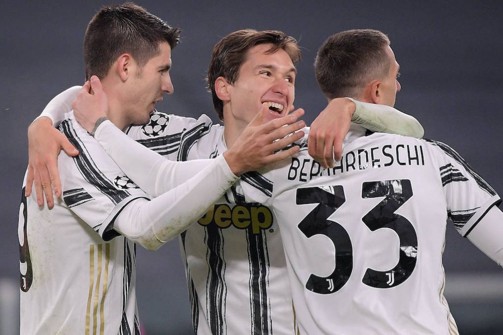 Alvaro Morata of Juventus FC celebrates with Federico Chiesa and Federico Bernardeschi after scoring the goal of 3-0 during the Champions League Group Stage G football match between Juventus FC and Dinamo Kiev at Juventus stadium in Turin Italy, November, 24th, 2020. Photo Federico Tardito / Insidefoto federicoxtardito