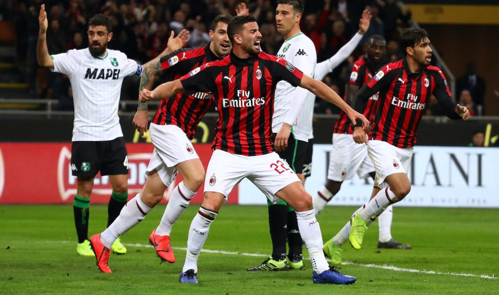 during the Serie A match between AC Milan and US Sassuolo at Stadio Giuseppe Meazza on March 2, 2019 in Milan, Italy.