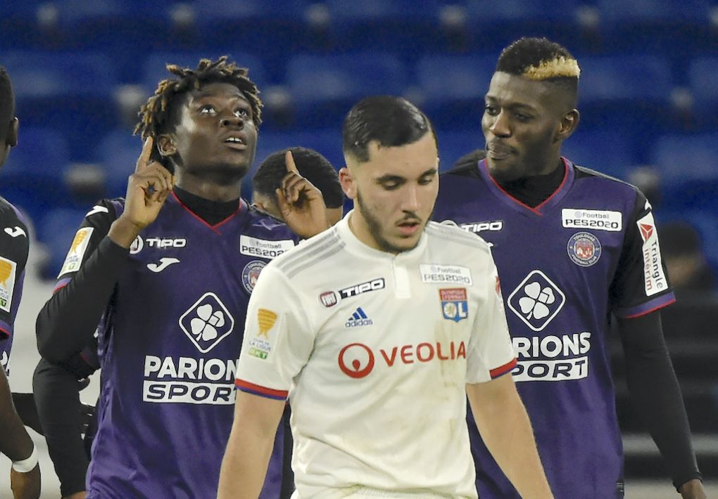 Toulouse's French midfielder Kouadio Manu Kone celebrates after scoring a goal during the French League Cup football match between Lyon (OL) and Toulouse (TFC) on December 18, 2019 at the Groupage stadium in Décines-Charpieu near Lyon, southeastern France. (Photo by JEAN-PHILIPPE KSIAZEK / AFP) (Photo by JEAN-PHILIPPE KSIAZEK/AFP via Getty Images)