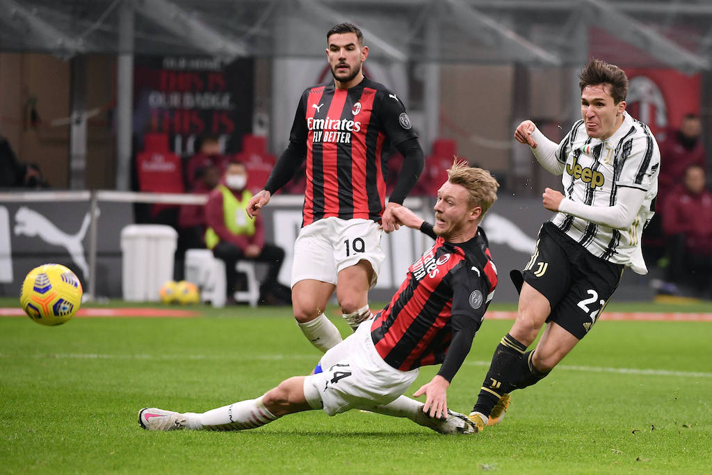 Sport Bilder des Tages Federico Chiesa of Juventus FC scores the goal of 0-1 during the Serie A football match between AC Milan and Juventus FC at San Siro Stadium in Milano Italy, January 6th, 2021. Photo Federico Tardito / Insidefoto federicoxtardito