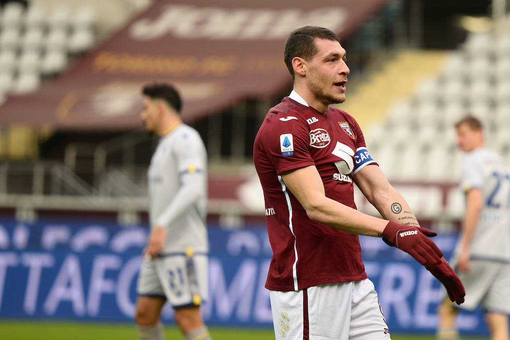 Italy: Torino FC vs Hellas Verona Andrea Belotti of Torino FC disappointment during the Serie A football match between Torino FC and Hellas Verona FC at Stadio Olimpico Grande Torino on January 6, 2021 in Turin, Italy. Sporting stadiums around Italy remain under strict restrictions due to the Coronavirus Pandemic as Government social distancing laws prohibit fans inside venues resulting in games being played behind closed doors Turin Piedmont/Turin Italy Copyright: AlbertoxGandolfo