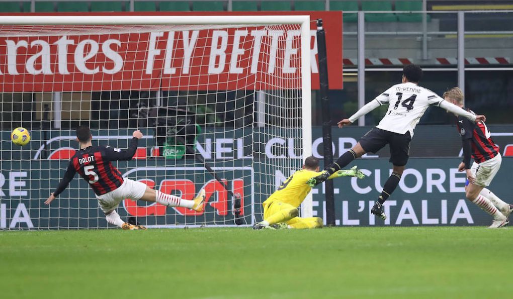 Weston McKennie of Juventus fires the ball past Gianluigi Donnarumma of AC Milan to give the side a 3-1 lead during the Serie A match at Giuseppe Meazza, Milan. Picture date: 6th January 2021. Picture credit should read: Jonathan Moscrop/Sportimage PUBLICATIONxNOTxINxUK SPI-0834-0018