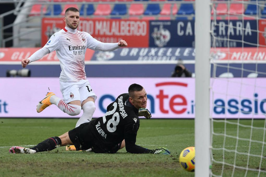 Ante Rebic of Milan scores the 0-1 goal during the Serie A football match between Bologna FC and AC Milan at Renato Dall Ara stadium in Bologna Italy, January 30th, 2021. Photo Andrea Staccioli / Insidefoto andreaxstaccioli