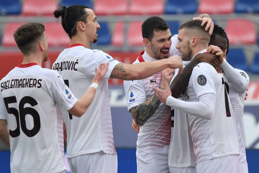 Ante Rebic of Milan celebrates with Zlatan Ibrahimovic, Alessio Romagnoli and Alexis Saelemaekers after scoring the 0-1 goal during the Serie A football match between Bologna FC and AC Milan at Renato Dall Ara stadium in Bologna Italy, January 30th, 2021. Photo Andrea Staccioli / Insidefoto andreaxstaccioli