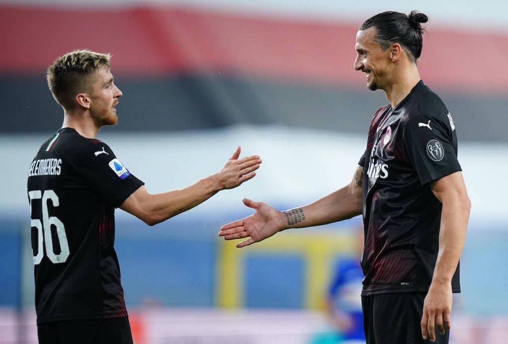 Photo LaPresse - Spada July 29 , 2020 Genoa Italy Soccer A.C. Milan- Season 2019-2020 - Serie A Sampdoria vs Ac Milan In the pic : Zlatan Ibrahimovic celebrates after scoring 0-3 a Alexis Saelemaekers PUBLICATIONxINxGERxSUIxAUTxONLY Copyright: xSpada/LaPressex