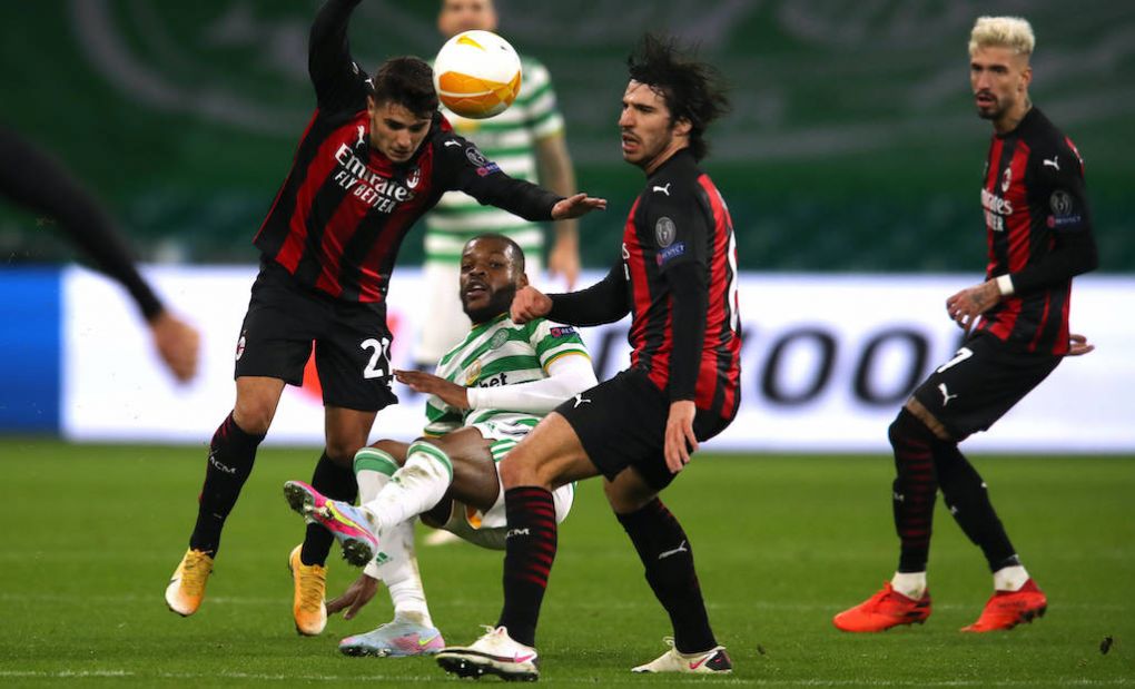 Celtic v AC Milan - UEFA Europa League - Group H - Celtic Park AC Milan s Brahim Diaz left and Sandro Tonali battle for the ball with Celtic s Olivier Ntcham second left during the UEFA Europa League Group H match at Celtic Park, Glasgow. Editorial use only, no commercial use without prior consent from rights holder. PUBLICATIONxINxGERxSUIxAUTxONLY Copyright: xJanexBarlowx 56208987