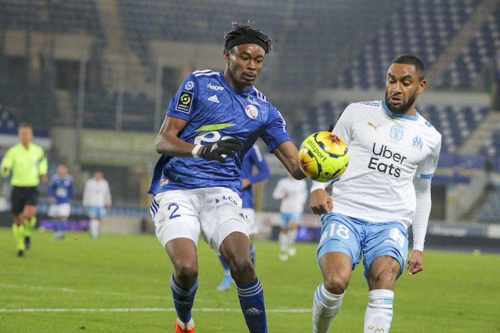 Amavi Jordan 18 and Simakan Mohamed 2 during the French L1 football match between Strasbourg RCSA and Marseille OM on November 6, 2020 at the Meinau stadium in Strasbourg. FOOTBALL : Strasbourg vs OM - Ligue 1 - 06/11/2020 ElyxandroCEGARRA/PANORAMIC PUBLICATIONxNOTxINxFRAxITAxBEL