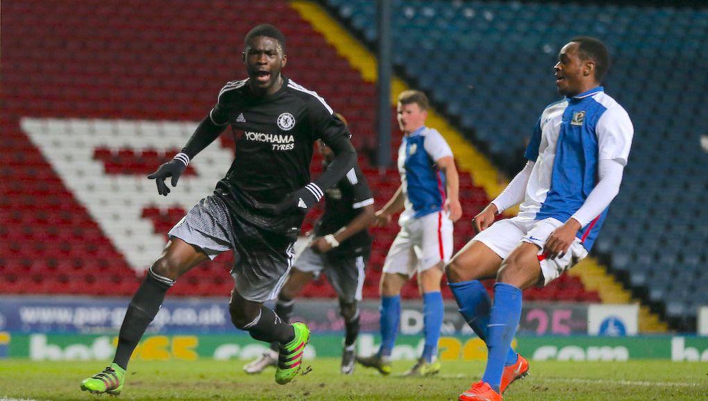 BLACKBURN, ENGLAND - MARCH 18: Fikayo Tomori of Chelsea celebrates scoring the opening goal during the FA Youth Cup Semi Final First Leg match between Blackburn Rovers and Chelsea at the Ewood Park on March 18, 2016 in Blackburn, England. (Photo by Chris Brunskill/Getty Images)