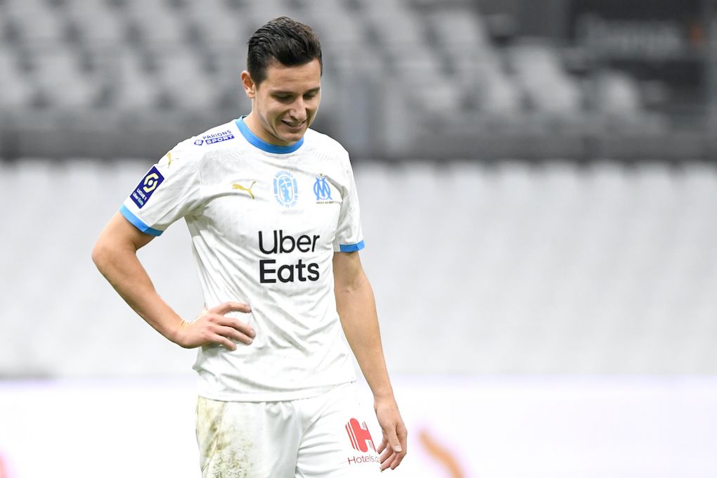 Marseille's French forward Florian Thauvin reacts during the French L1 football match between Olympique de Marseille (OM) and Reims at the Velodrome Stadium in Marseille, southeastern France, on December 19, 2020. (Photo by NICOLAS TUCAT / AFP) (Photo by NICOLAS TUCAT/AFP via Getty Images)
