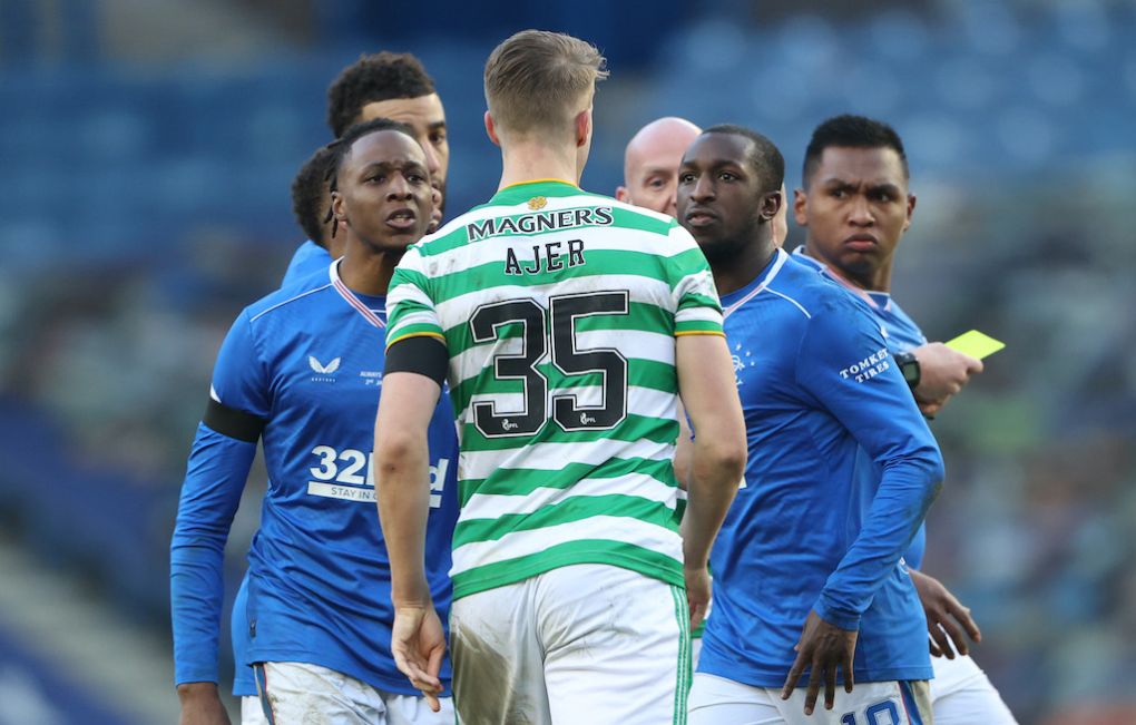 GLASGOW, SCOTLAND - JANUARY 02: Joe Aribo of Rangers reacts with Kristopher Ajer of Celtic during the Ladbrokes Scottish Premiership match between Rangers and Celtic at Ibrox Stadium on January 02, 2021 in Glasgow, Scotland. The match will be played without fans, behind closed doors as a Covid-19 precaution. (Photo by Ian MacNicol/Getty Images)