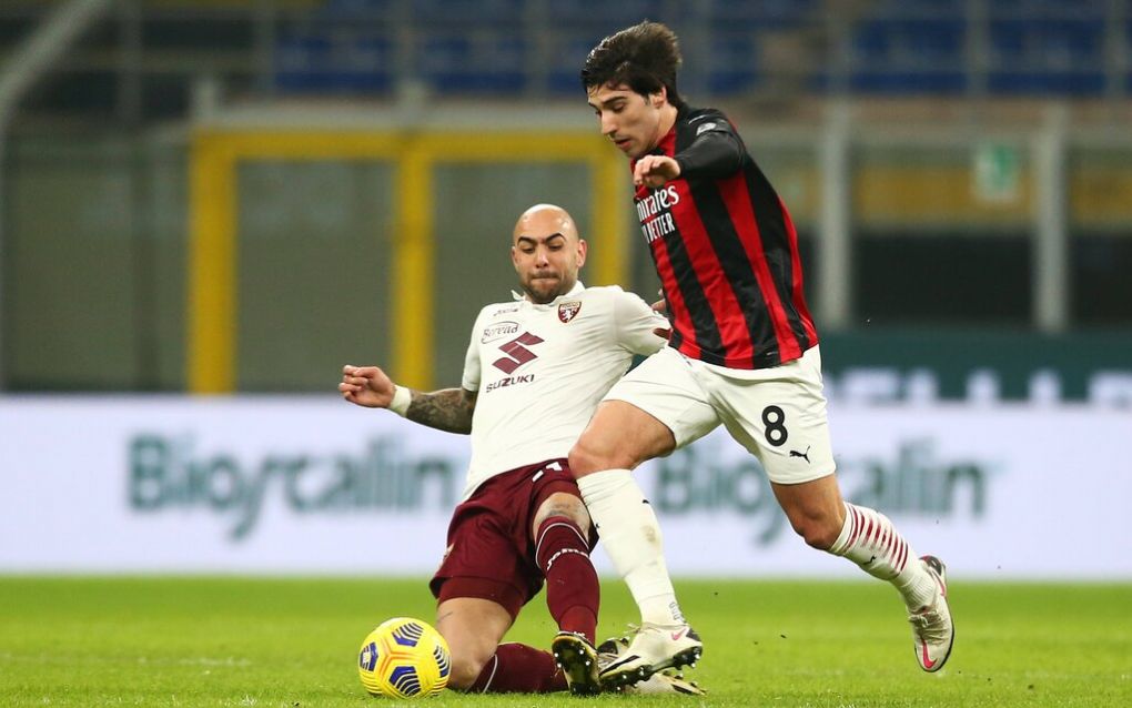 Photo LaPresse - Spada 12 january , 2021 Milan  Italy  Soccer A.C. Milan- Stagione 2020-2021 - Italian Cup Milan vs Torino In the pic: Simone Zaza vs Sandro Tonali PUBLICATIONxINxGERxSUIxAUTxONLY Copyright: xSpada/LaPressex