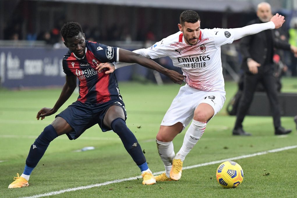 Musa Barrow of Bologna and Theo Hernandez of Milan during the Serie A football match between Bologna FC and AC Milan at Renato Dall Ara stadium in Bologna Italy, January 30th, 2021. Photo Andrea Staccioli / Insidefoto andreaxstaccioli