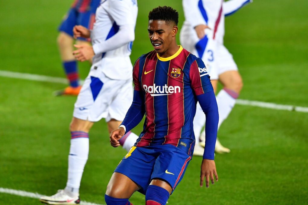Barcelona's Spanish defender Junior Firpo reacts during the Spanish League football match between Barcelona and Eibar at the Camp Nou stadium in Barcelona on December 29, 2020. (Photo by Pau BARRENA / AFP) (Photo by PAU BARRENA/AFP via Getty Images)