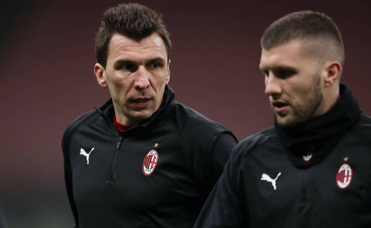 Mario Mandzukic and Ante Rebic of AC Milan during warm up prior to the Serie A match at Giuseppe Meazza, Milan. Picture date: 23rd January 2021. Picture credit should read: Jonathan Moscrop/Sportimage PUBLICATIONxNOTxINxUK SPI-0857-0002