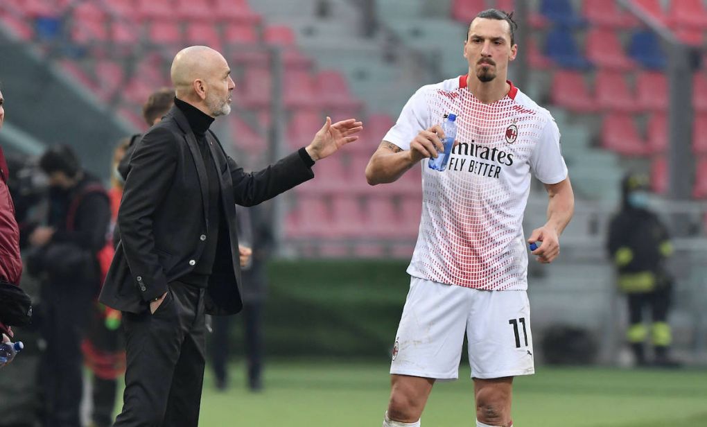 Zlatan Ibrahimovic of Milan and Stefano Pioli during the Serie A football match between Bologna FC and AC Milan at Renato Dall Ara stadium in Bologna Italy, January 30th, 2021. Photo Andrea Staccioli / Insidefoto andreaxstaccioli