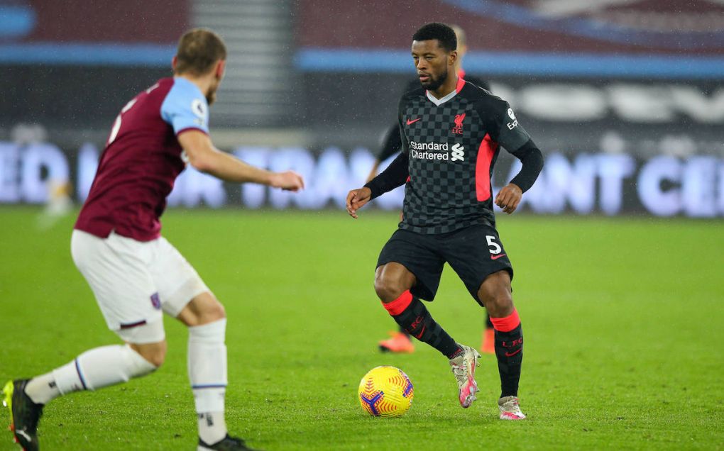 LONDON, ENGLAND - JANUARY 31: Georginio Wijnaldum of Liverpool in action during the Premier League match between West Ham United and Liverpool at London Stadium on January 31, 2021 in London, United Kingdom. Sporting stadiums around the UK remain under strict restrictions due to the Coronavirus Pandemic as Government social distancing laws prohibit fans inside venues resulting in games being played behind closed doors. Photo by Craig Mercer/MB Media SPO, SOC, FOC PUBLICATIONxINxGERxSUIxAUTxONLY Copyright: xCraigxMercer/MBxMediax