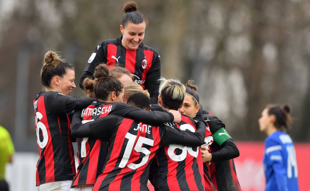 Milan, Italy, Feb 07th 2021 Teammates celebrate Natasha Khalila Dowie 10 AC Milan after score during the Serie A women s match between AC Milan and San Marino Academy at Vismara Sports Center in Milan, Italy Cristiano Mazzi / SPP Serie A Femminile - AC Milan v San Marino Academy PUBLICATIONxNOTxINxBRA